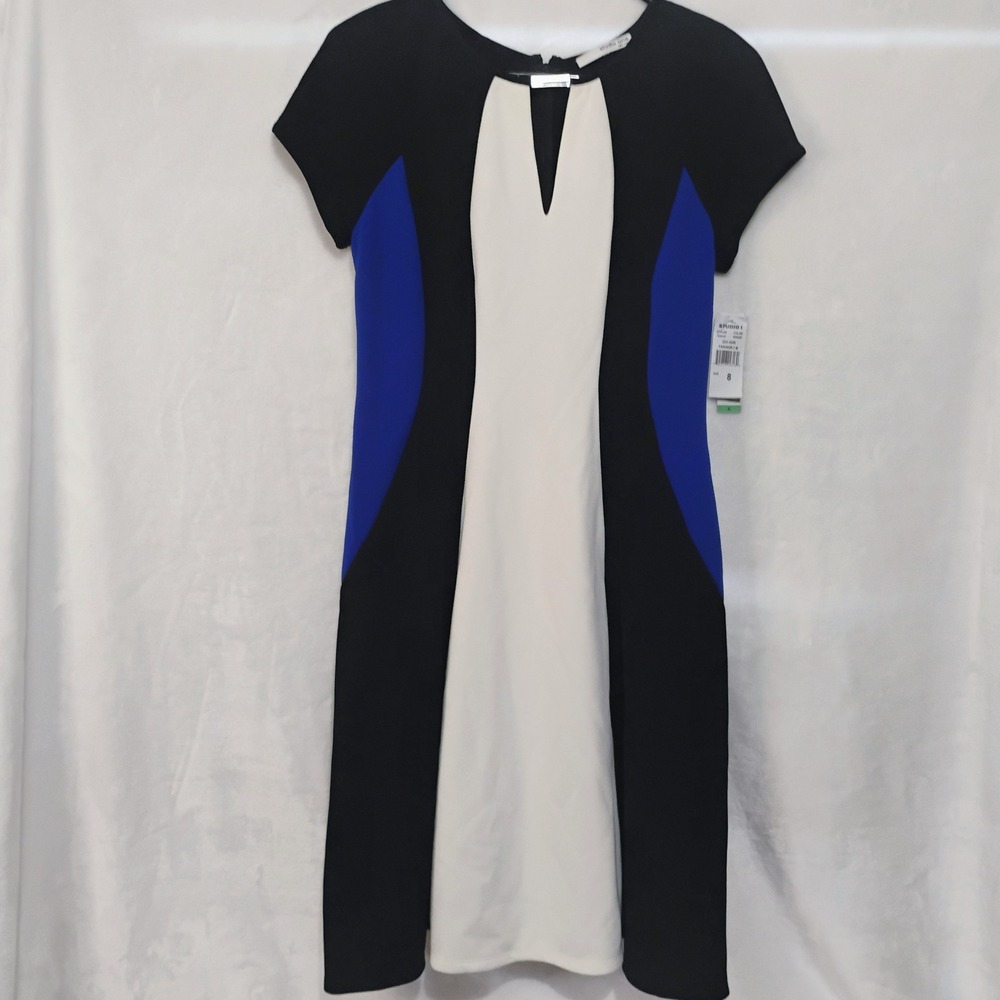 Studio One New York Colorblock Sheath Dress Blue Black Ivory Sz 8 READ S
